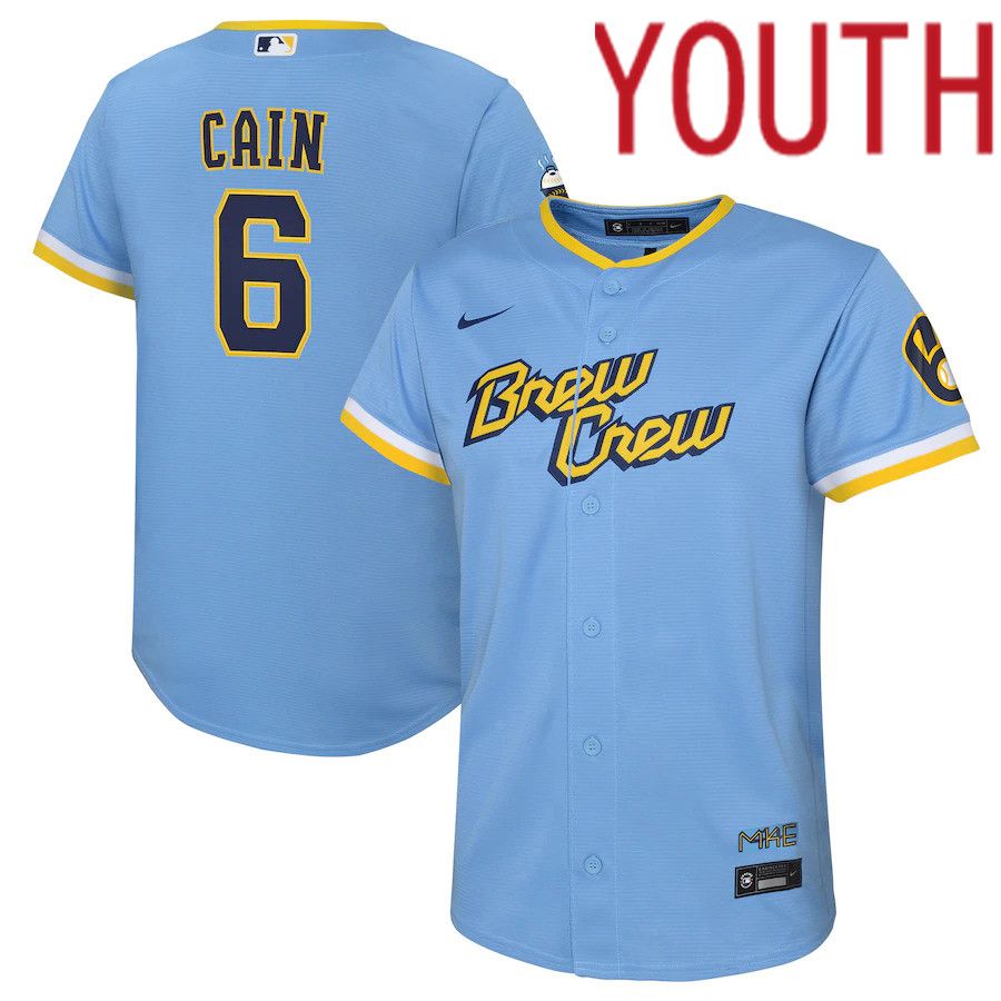 Custom Youth Milwaukee Brewers #6 Lorenzo Cain Nike Powder Blue 2022 City Connect Replica Player MLB Jersey